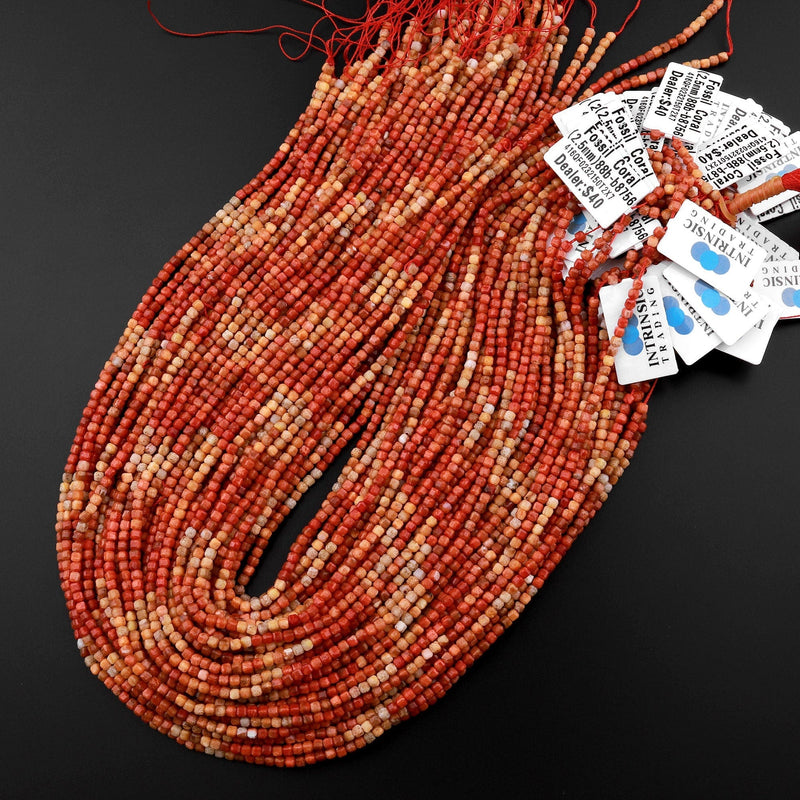 AAA Faceted Natural Golden Orange Red Fossil Coral 2mm 3mm Cube Beads Multicolor Gemstone 15.5" Strand