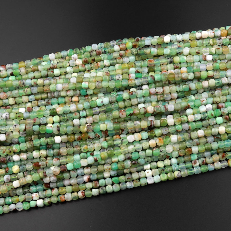 Natural Green Brown Chrysoprase Faceted 4mm Cube Square Dice Beads Gemstone 15.5" Strand