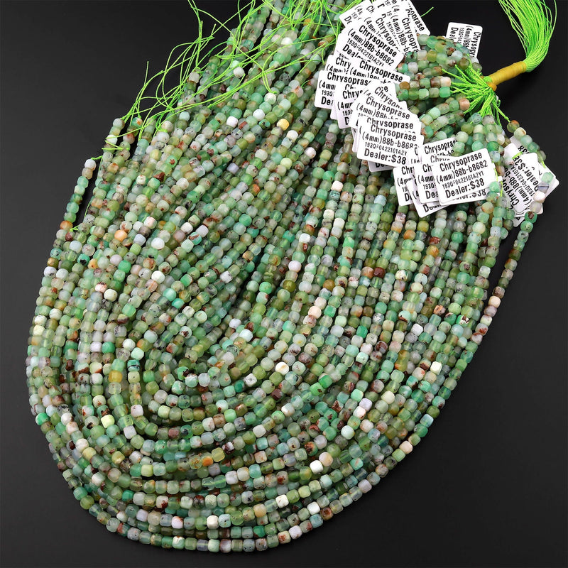 Natural Green Brown Chrysoprase Faceted 4mm Cube Square Dice Beads Gemstone 15.5" Strand