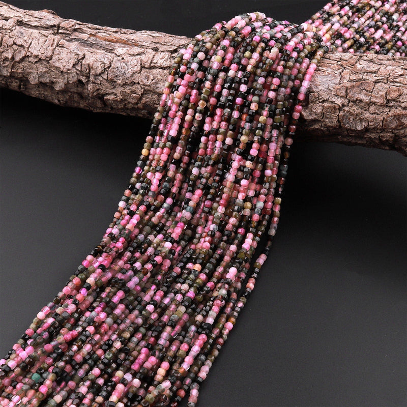 Natural Multicolor Pink Green Tourmaline Faceted 2mm 3mm Cube Square Beads Gemstone 15.5" Strand