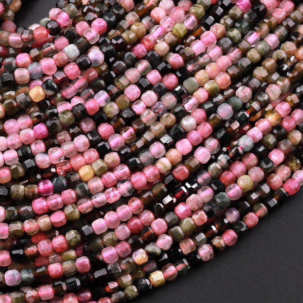 Natural Multicolor Pink Green Tourmaline Faceted 2mm 3mm Cube Square Beads Gemstone 15.5" Strand