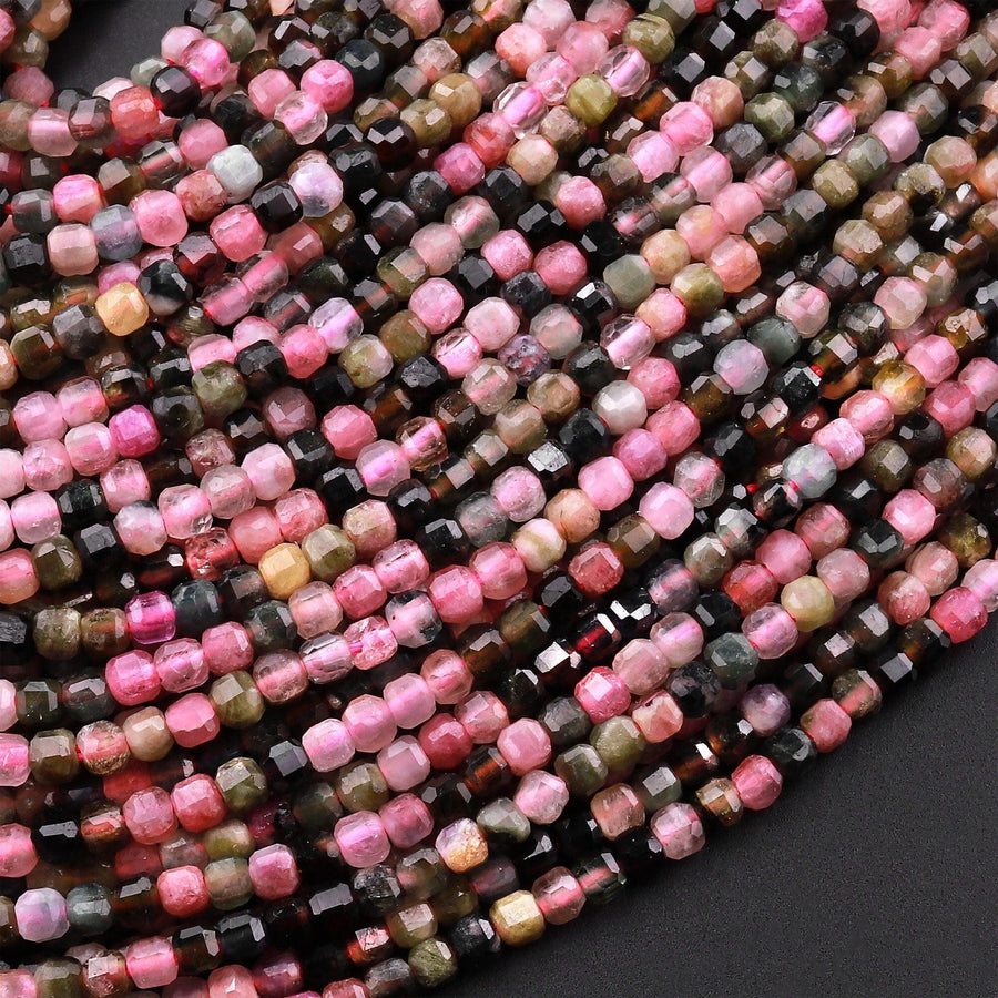 Natural Multicolor Pink Green Tourmaline Faceted 2mm 3mm Cube Square Beads Gemstone 15.5" Strand