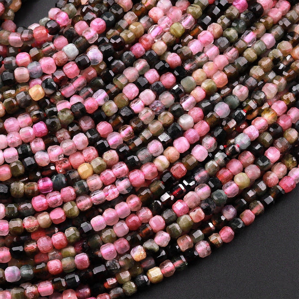 Natural Multicolor Pink Green Tourmaline Faceted 2mm 3mm Cube Square Beads Gemstone 15.5" Strand