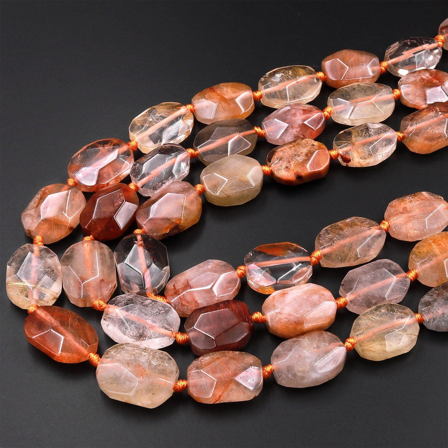 Natural Phantom Lodolite Quartz Faceted Octagon Rectangle Cushion Beads Golden Red Crystal Quartz Rutile 15.5" Strand