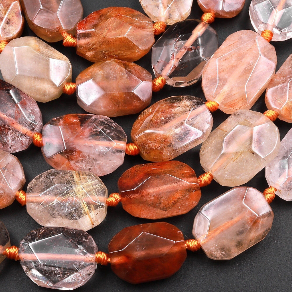 Natural Phantom Lodolite Quartz Faceted Octagon Rectangle Cushion Beads Golden Red Crystal Quartz Rutile 15.5" Strand