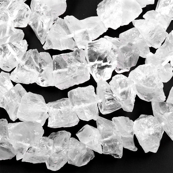 Natural Rock Crystal Quartz Freeform Nugget Beads Hand Hammered Raw Organic Gemstone 15.5" Strand