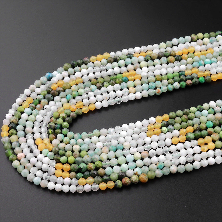 Micro Faceted Multicolor Mixed Gemstone Round Beads 3mm Yellow Jade Amazonite Green Jade 15.5" Strand