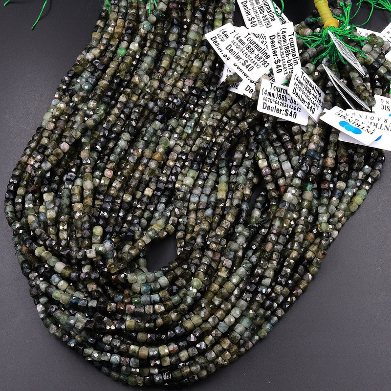 Natural Green Tourmaline Faceted 4mm Cube Square Dice Beads Gemstone 15.5" Strand