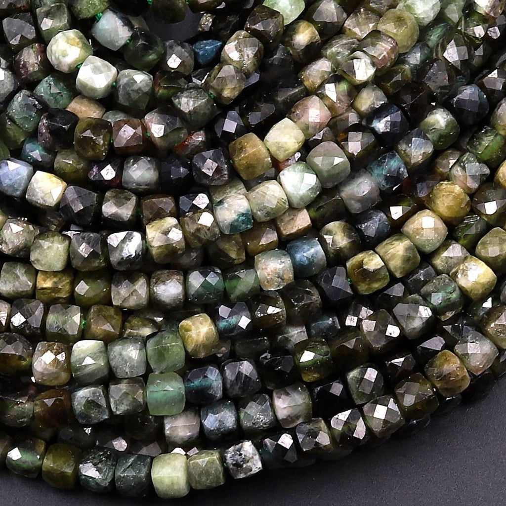 Natural Green Tourmaline Faceted 4mm Cube Square Dice Beads Gemstone 15.5" Strand