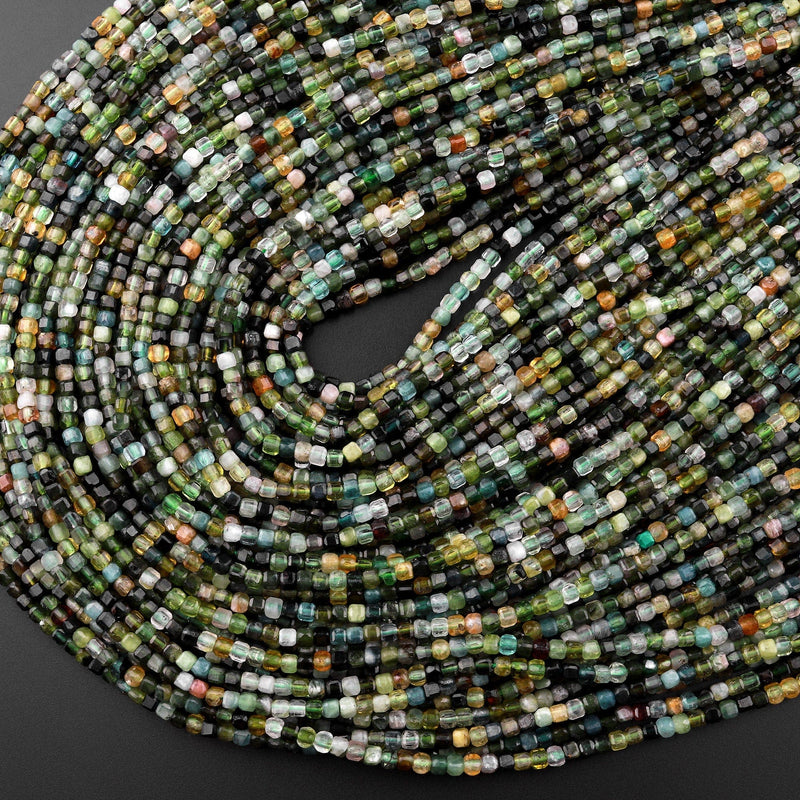 Gemmy Natural Green Tourmaline Faceted 2mm Cube Square Dice Beads Gemstone 15.5" Strand