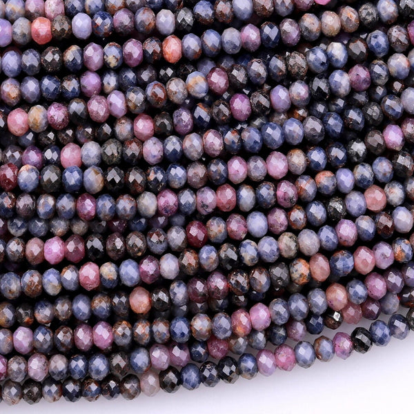 Micro Faceted Natural Blue Sapphire Red Ruby Faceted Rondelle 3mm Diamond Cut Gemstone Beads 15.5" Strand