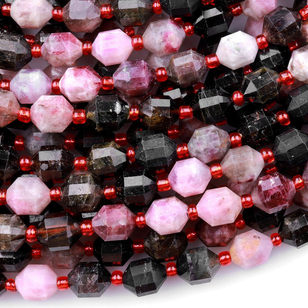 Natural Deep Red Pink Tourmaline Faceted 8mm Beads Energy Prism Double Terminated Points 15.5" Strand