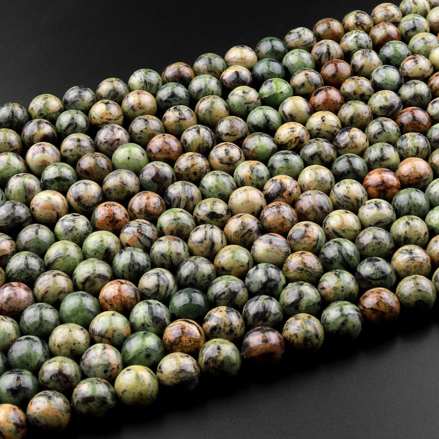 Natural Verdite Jungle Jasper 6mm 8mm 10mm Round Beads Earthy Forest Green Golden Brown Gemstone 15.5" Strand