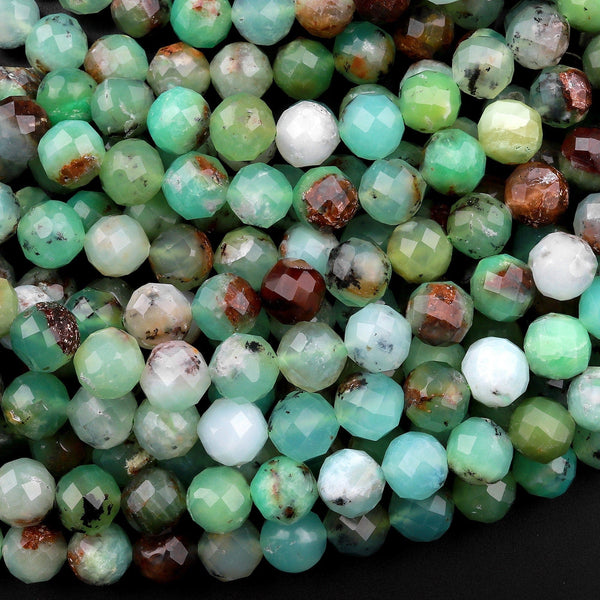 Natural Australian Green Chrysoprase Faceted Round 8mm 10mm Beads Diamond Cut Gemstone Beads 15.5" Strand