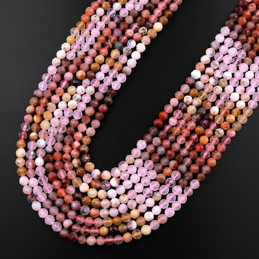 Micro Faceted Multicolor Mixed Gemstone Round Beads 4mm Rose Quartz Yellow Opal Rainbow Agate Gradient Red Shades 15.5" Strand
