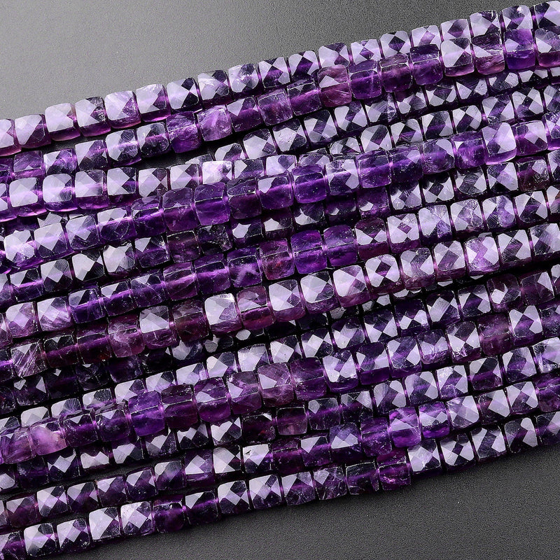 Natural Purple Amethyst 4mm 5mm Faceted Cube Square Dice Beads 15.5" Strand