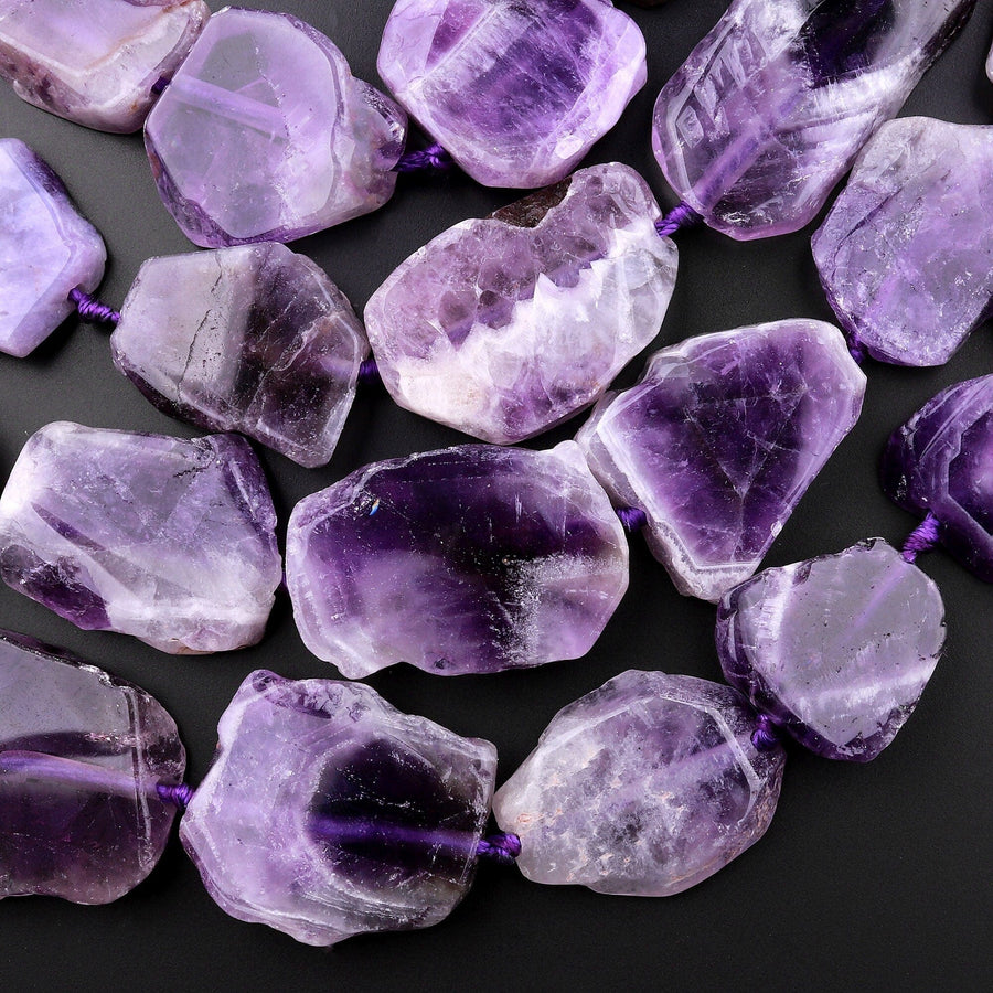 Large Natural Purple Amethyst Freeform Slice Beads Raw Rough Slab Center Drilled Gemstone 15.5" Strand