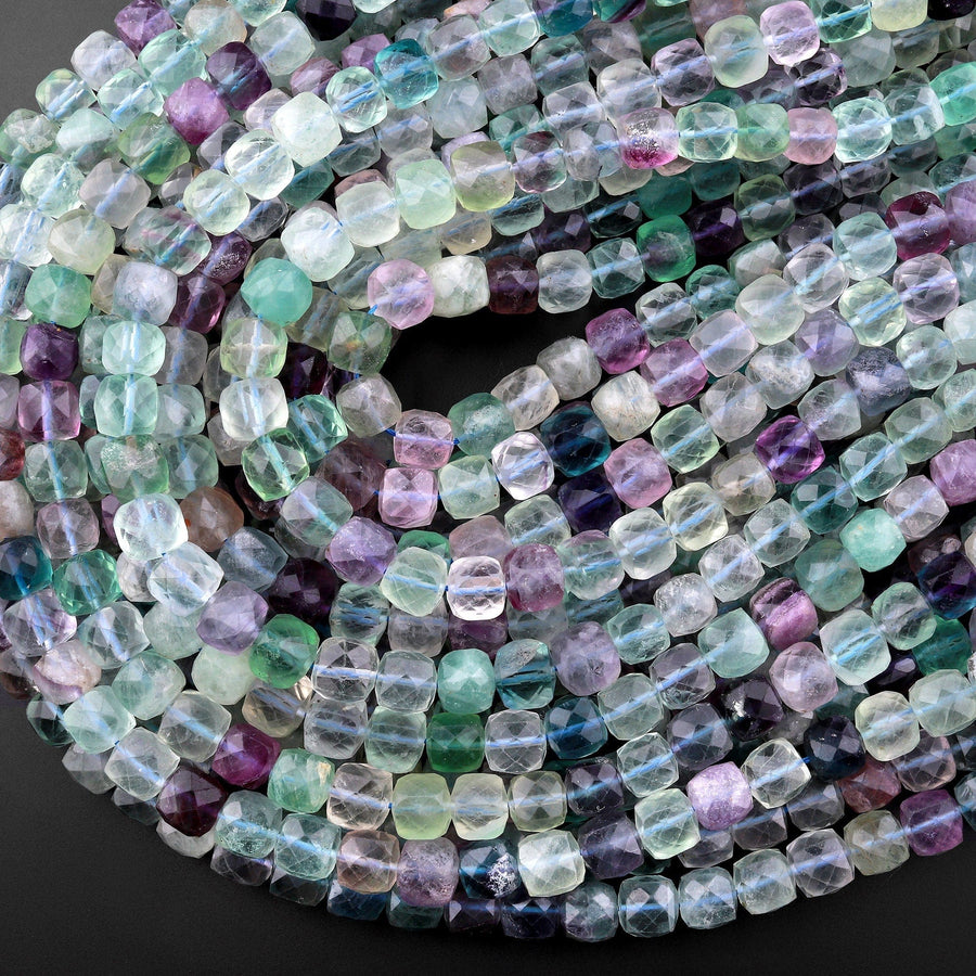 Natural Fluorite Faceted 8mm Cube Square Dice Beads Purple Blue Green Gemstone 15.5" Strand