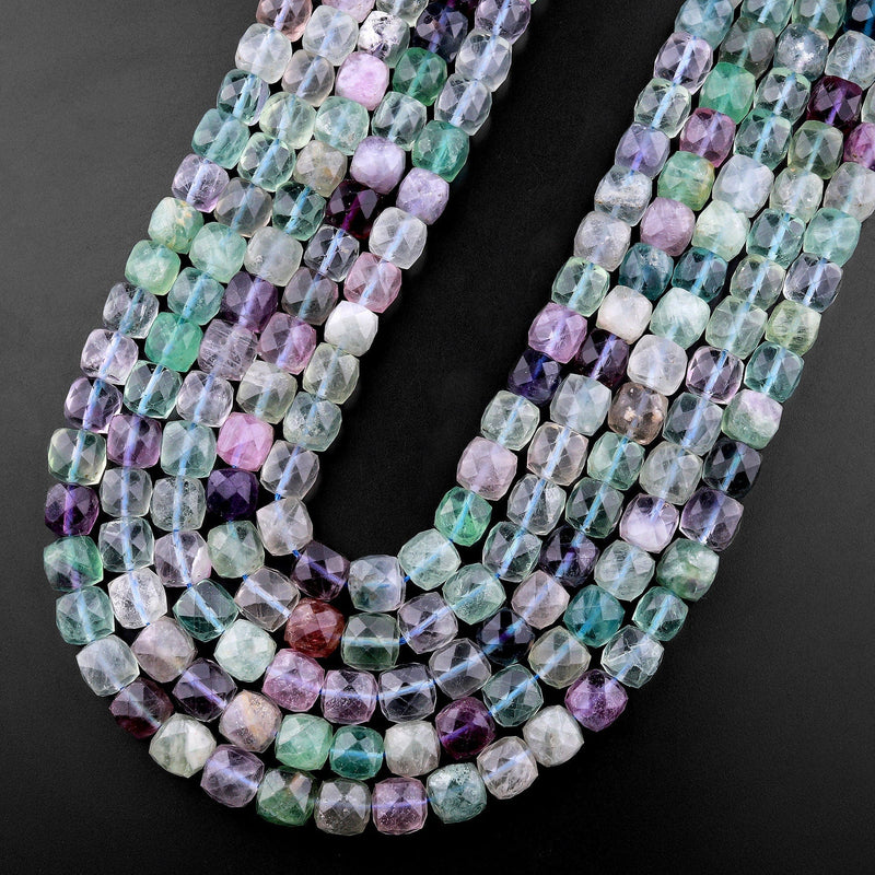 Natural Fluorite Faceted 8mm Cube Square Dice Beads Purple Blue Green Gemstone 15.5" Strand