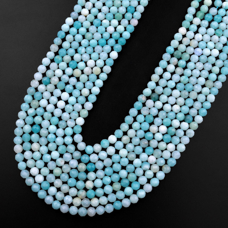 AAA Natural Blue Amazonite 4mm 5mm Faceted Round Beads Micro Laser Diamond Cut Gemstone 15.5" Strand