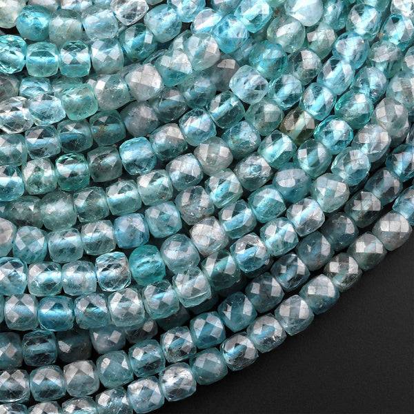 Rare Natural Aqua Blue Apatite  Micro Faceted 4mm 5mm Cube Dice Square Beads 15.5" Strand