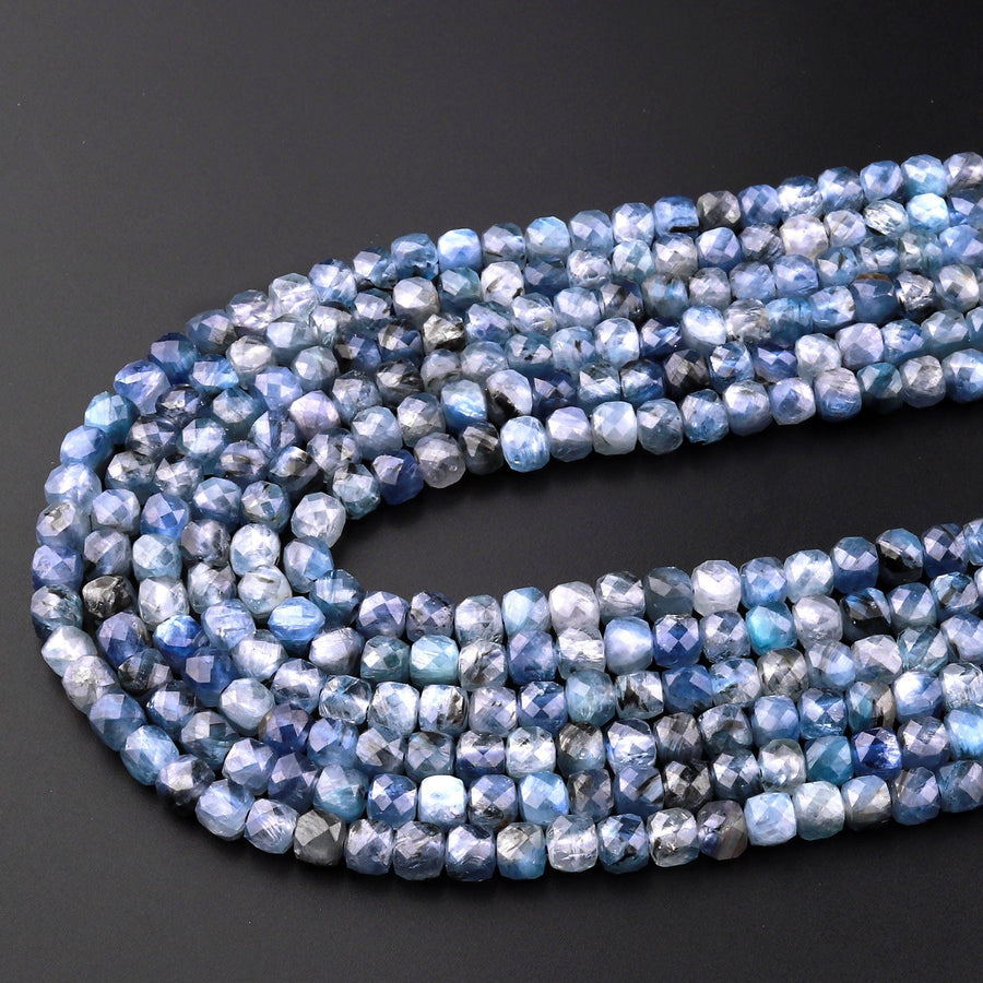 Natural Blue Kyanite Faceted 4mm Cube Dice Square Beads Micro Faceted Laser Diamond Cut 15.5" Strand