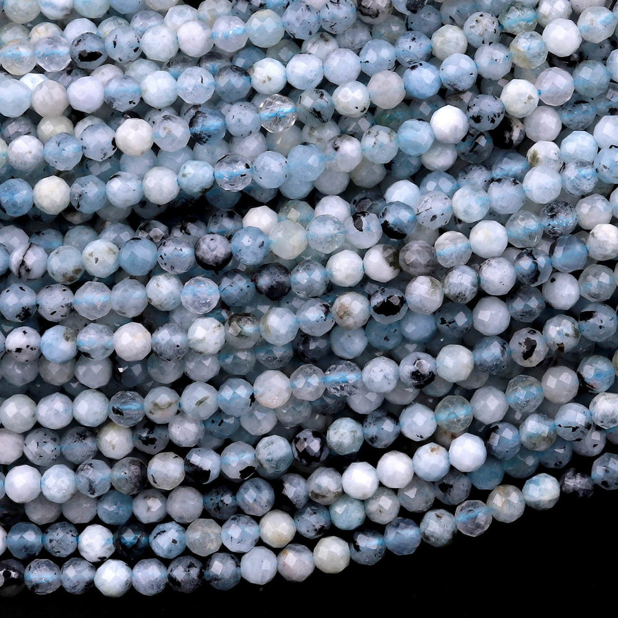 Micro Faceted Natural Blue Aquamarine 3mm Round Beads W/ Black Iron Matrix 15.5" Strand