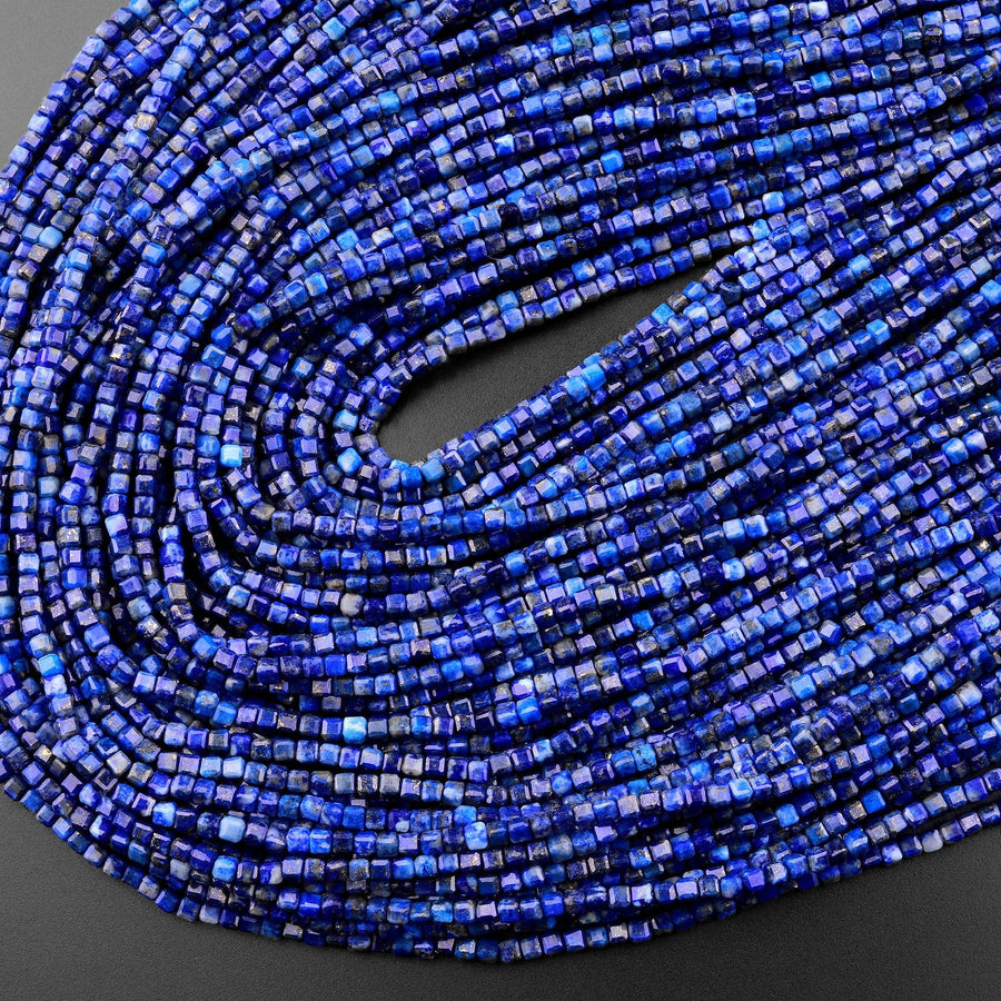 Natural Blue Lapis Gemstone Faceted 2mm Cube Square Dice Beads 15.5" Strand