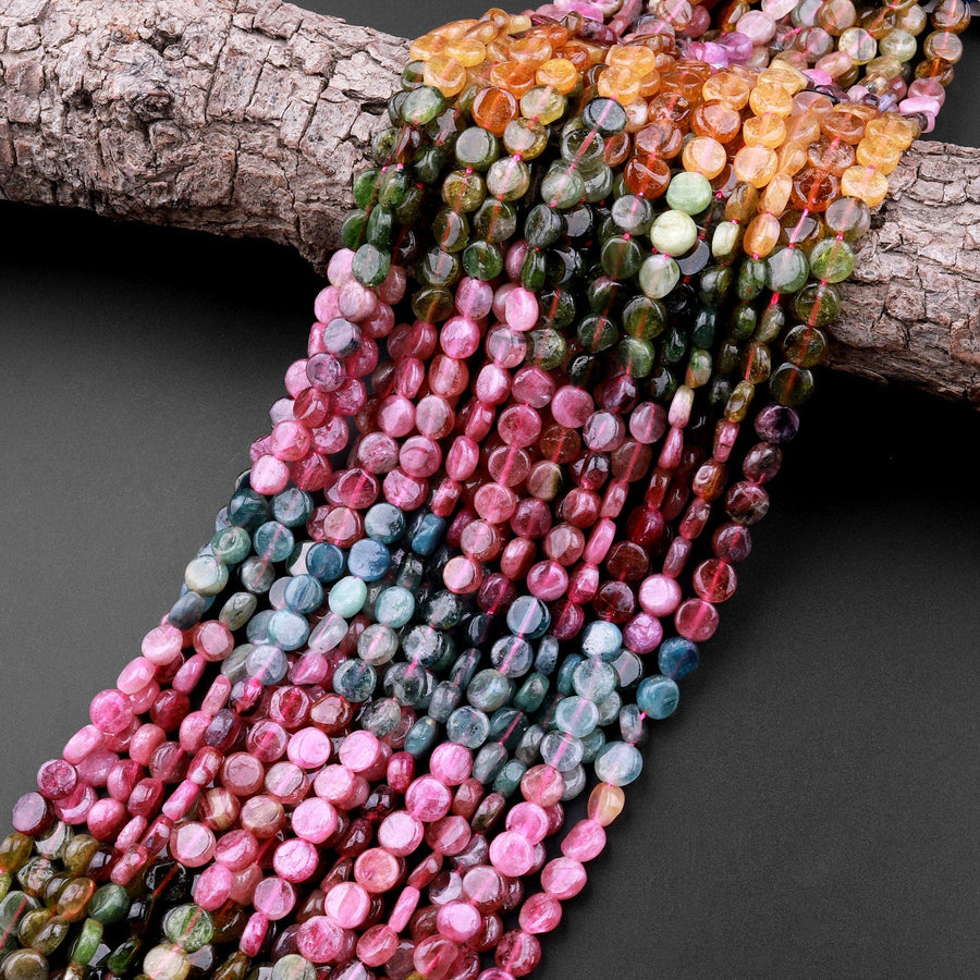 Natural Pink Green Yellow Blue Tourmaline Coin Beads 6mm Vibrant Multicolor Gemstone 15.5" Strand