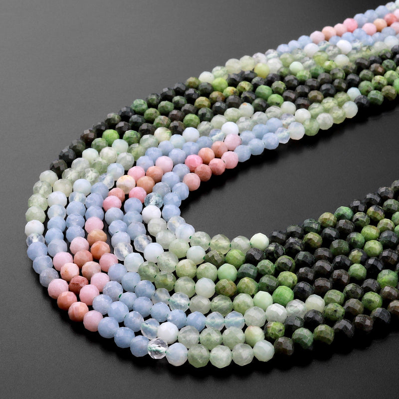 Micro Faceted Multicolor Mixed Gemstone Round Beads 4mm Pink Opal Green Jade Blue Aquamarine 15.5" Strand