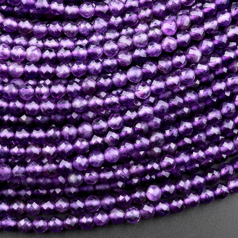 Faceted Natural Purple Amethyst Round Beads 4mm Miro Cut Gemstone 15.5" Strand