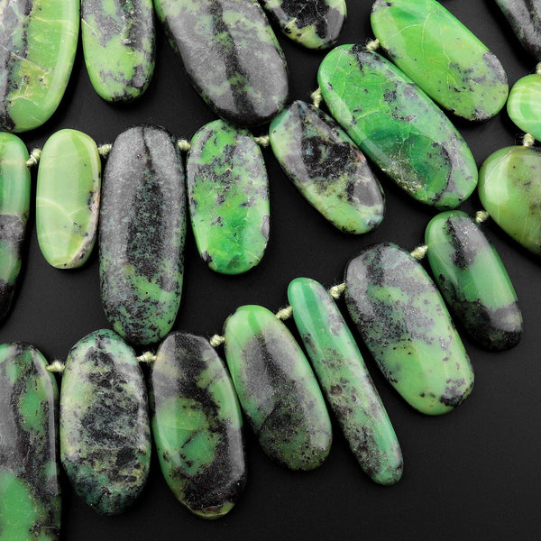 Large Natural African Green Chrysoprase Long Oval Focal Pendant Beads Stunning Deep Forest Green Gemstone 15.5" Strand