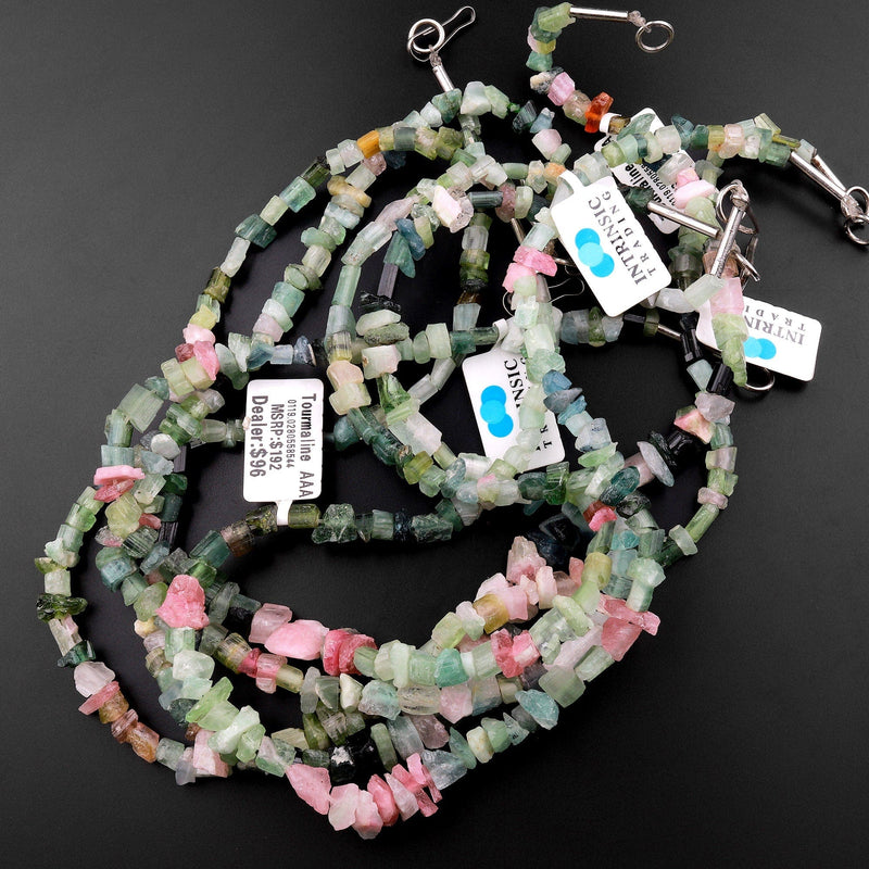 Raw Rough Natural Pink Green Watermelon Tourmaline Beads Freeform Irregular Nugget Chip 15.5" Strand
