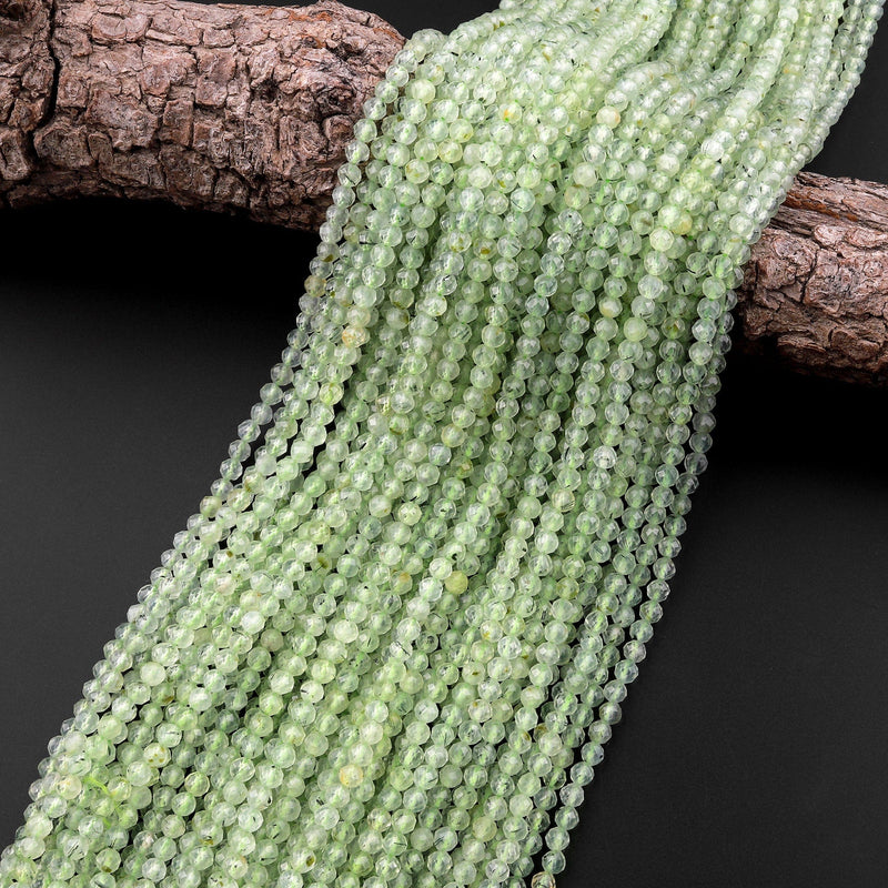 AAA Micro Faceted Natural Green Prehnite Round Beads 4mm 15.5" Strand