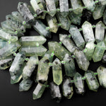 Natural Green Prehnite Beads Double Terminated Point Top Side Drilled Focal Pendants 15.5" Strand
