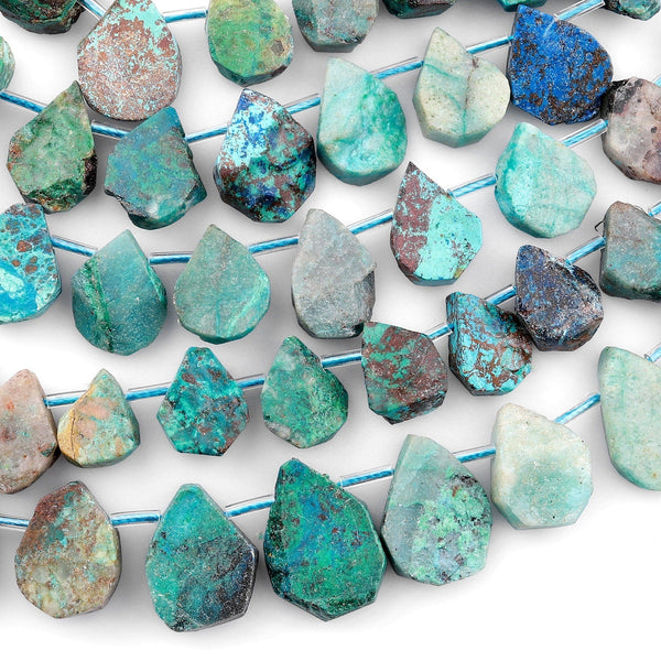 Natural Green Chyrsocolla Teardrop Beads Hand Cut Raw Freeform Gemstone 15.5" Strand