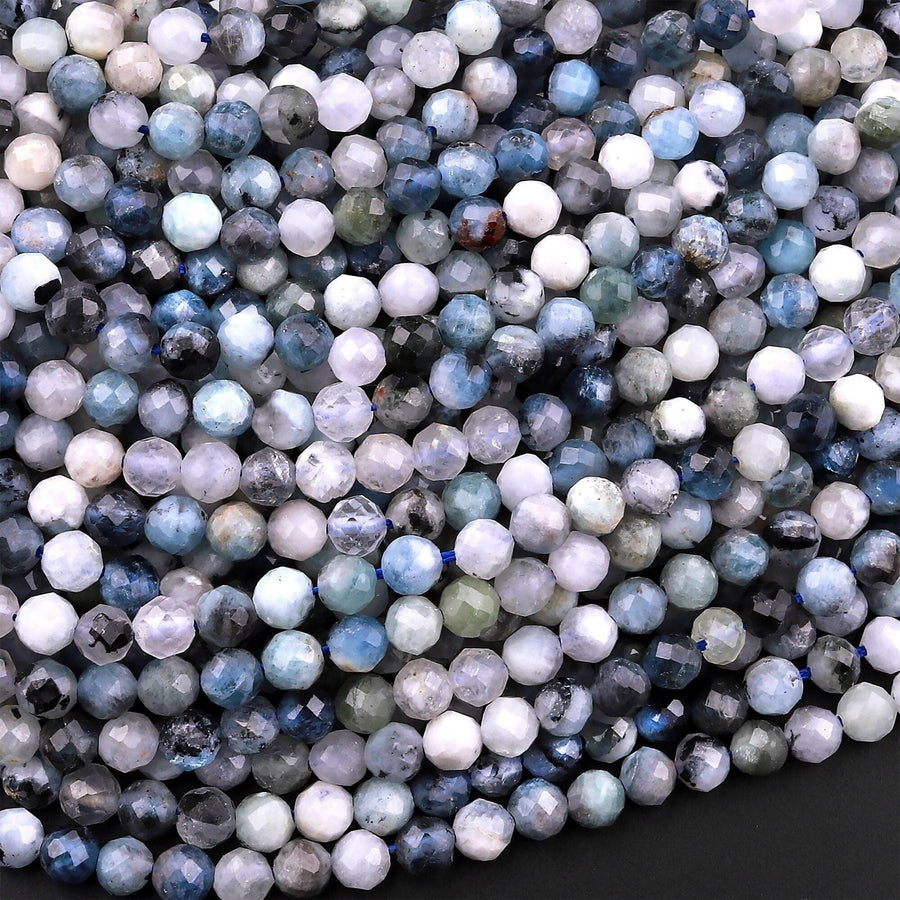 Micro Faceted Natural Phantom Aquamarine 3mm 4mm Round Beads 15.5" Strand