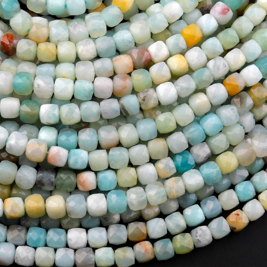 Natural Amazonite Faceted 4mm Cube Dice Square Beads Micro Faceted Laser Diamond Cut 15.5" Strand