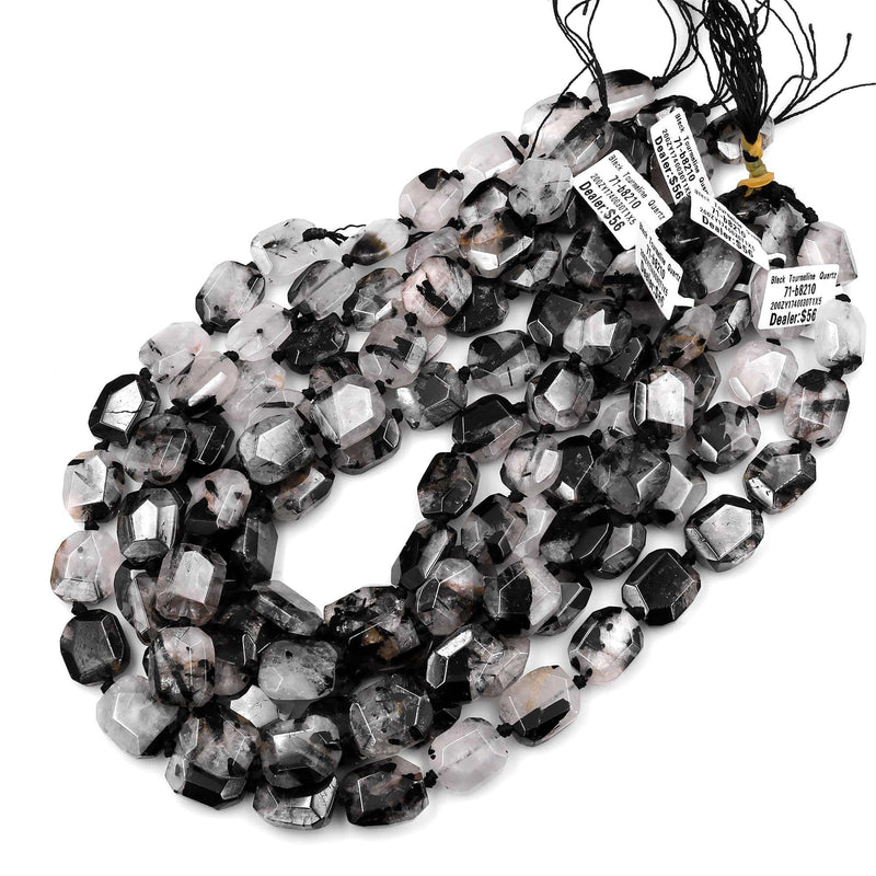 Natural Black Tourmaline Rutilated Quartz Faceted Rectangle Beads 15.5" Strand