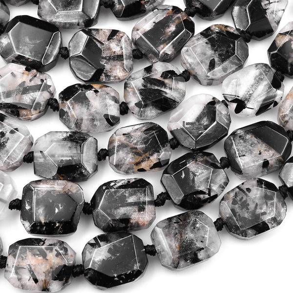 Natural Black Tourmaline Rutilated Quartz Faceted Rectangle Beads 15.5" Strand