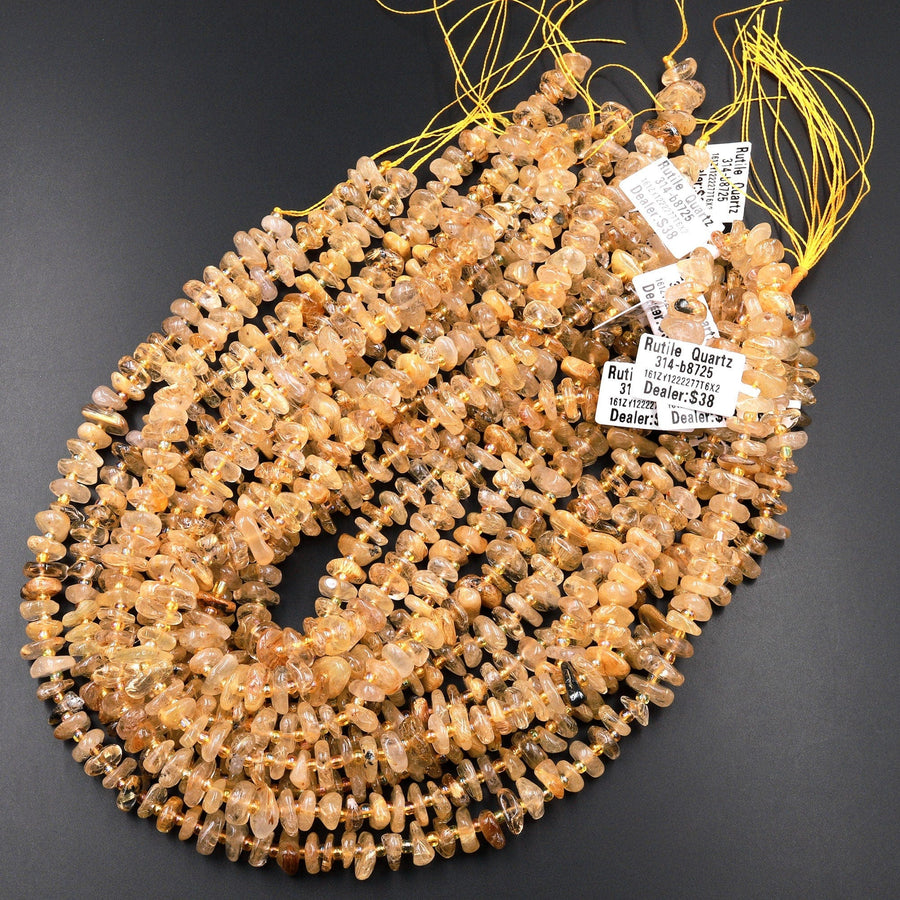 Natural Golden Rutilated Quartz Large Freeform Rondelle Beads 15.5" Strand