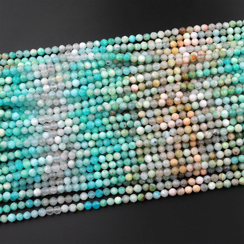 Peruvian Amazonite 4mm Faceted Round Beads Multi Shaded Natural Sea Blue Green Gemstone Micro Laser Diamond Cut 15.5" Strand