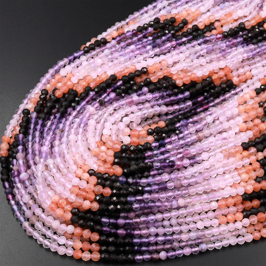 Micro Faceted Multicolor Mixed Gemstone Round Beads 3mm Sunstone Amethyst 15.5" Strand