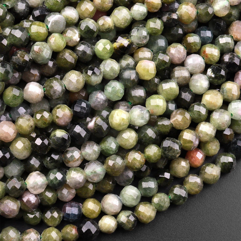 Natural Green Tourmaline Faceted 4mm 5mm Round Beads Micro Diamond Cut Gemstone 15.5" Strand