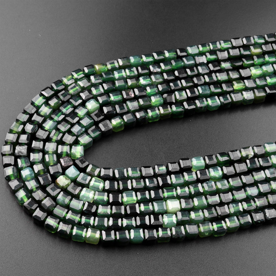 Natural Russian Dark Green Jade Faceted 4mm Cube Square Dice Beads Gemstone 15.5" Strand