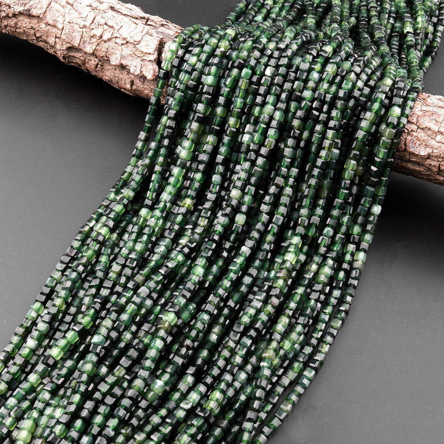 Natural Russian Dark Green Jade Faceted 4mm Cube Square Dice Beads Gemstone 15.5" Strand