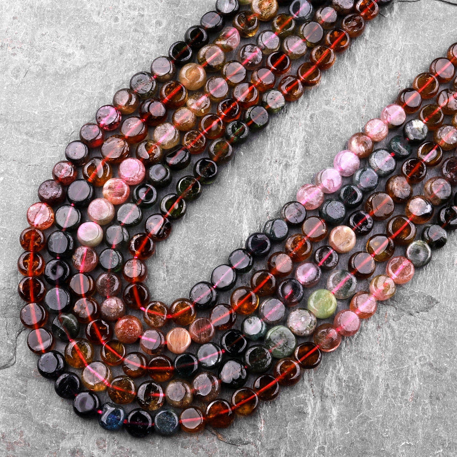 Natural Green Cognac Brown Tourmaline Coin Beads 4mm 5mm 6mm Multicolor Gemstone 15.5" Strand