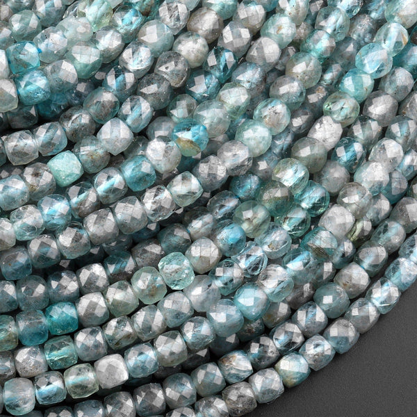 Rare Natural Aqua Blue Apatite  Micro Faceted 4mm 5mm Cube Dice Square Beads 15.5" Strand