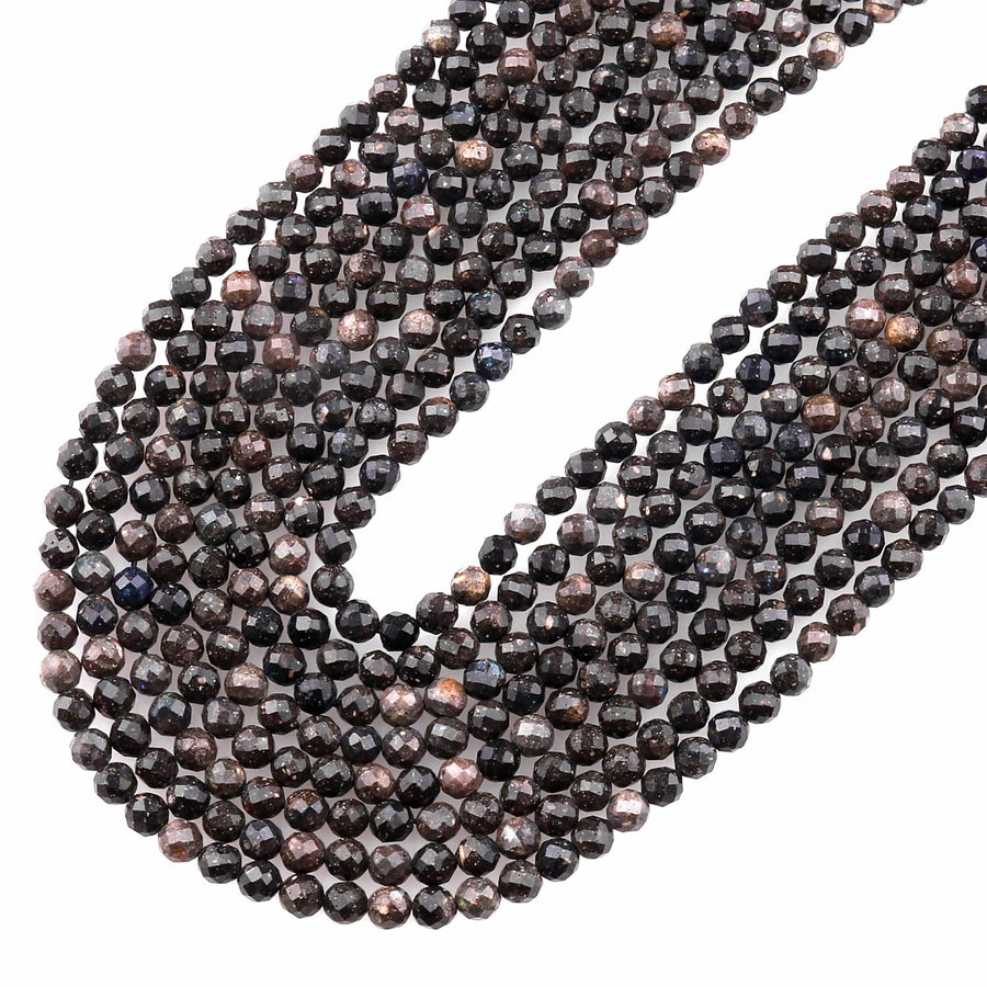 Natural Australian Black Opal Faceted 3mm 4mm Round Beads 15.5" Strand