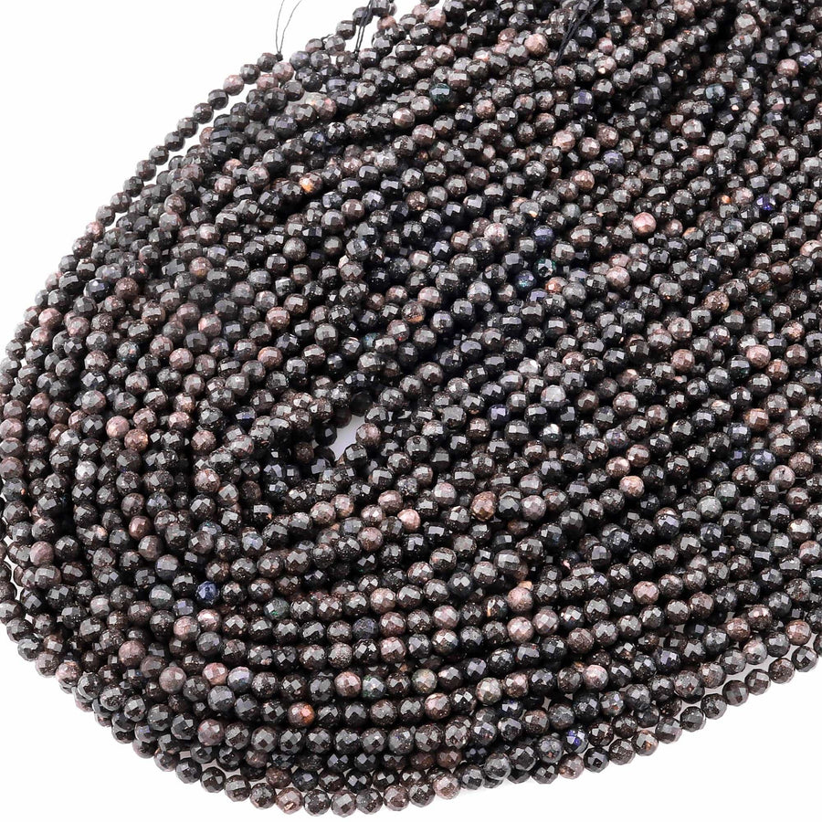 Natural Australian Black Opal Faceted 3mm 4mm Round Beads 15.5" Strand